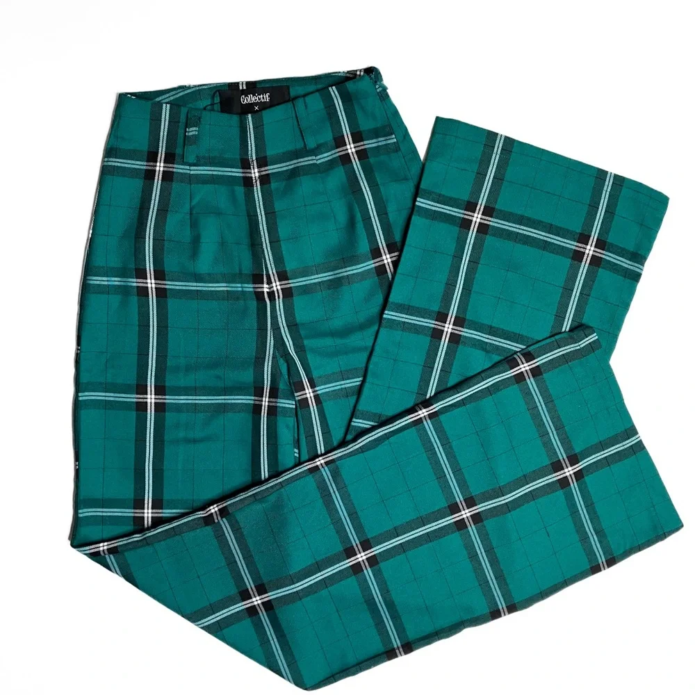SOLD Collectif x Modcloth Giacinta Green Plaid Wide Leg Trousers High Rise - Picture 1 of 10